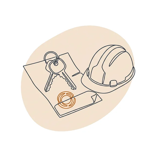 Clé de maison posée sur un document tamponné, à côté d’un casque de chantier