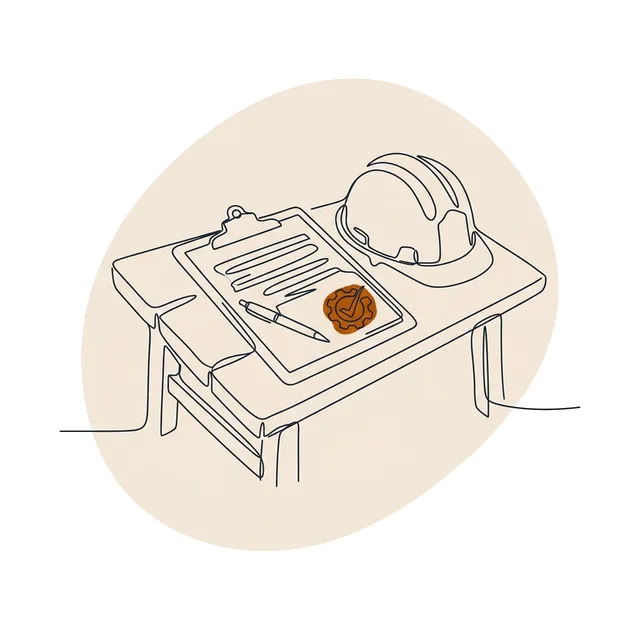 Porte-document avec une feuille tamponnée et un casque de chantier sur une table