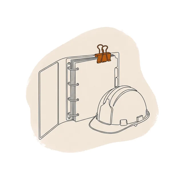 Classeur unique fermé par une pince, à côté d’un casque de chantier