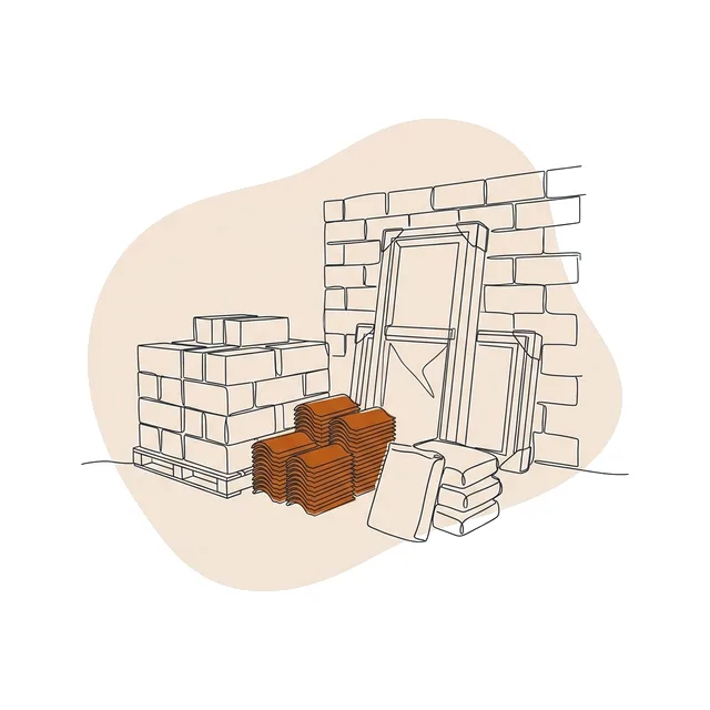 Palette de parpaings, tuiles, sacs de ciment et menuiseries emballées stockés sur un chantier