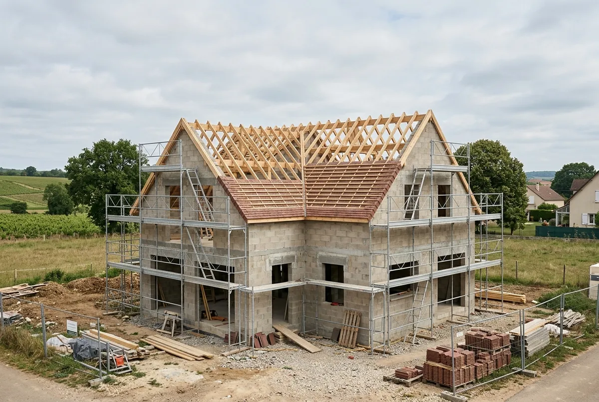 Charpente bois posée sur une maison en construction, premières rangées de tuiles et échafaudage