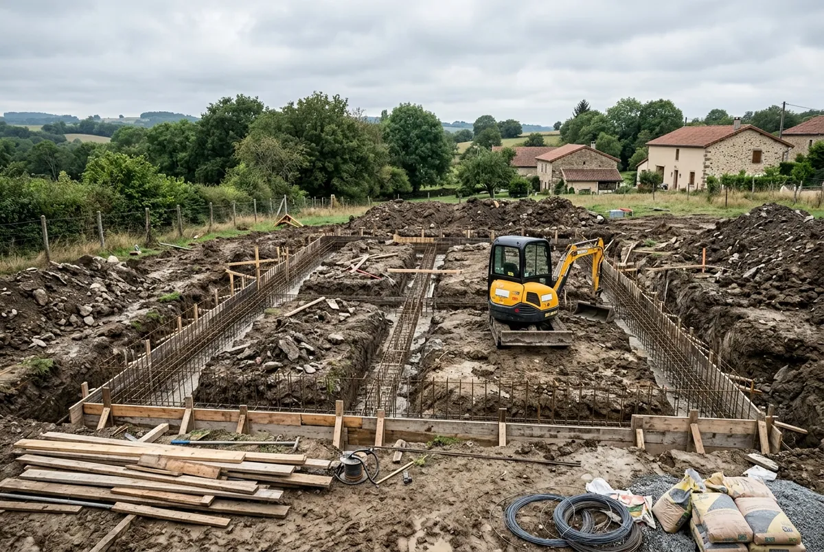 Tranchées de fondation ferraillées et coffrages en bois sur un terrain de maison individuelle