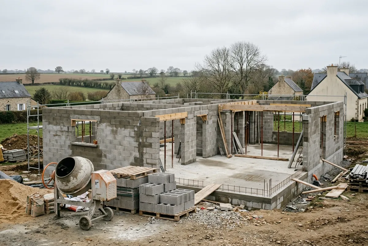 Murs en parpaings montés à hauteur d’étage sur une dalle, bétonnière et palettes au premier plan