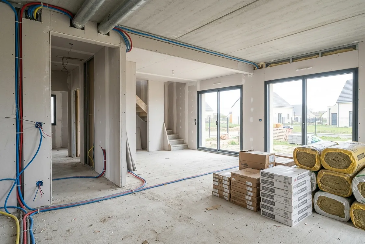 Intérieur de maison en chantier, fenêtres posées, cloisons en cours, cartons de carrelage et isolant au sol